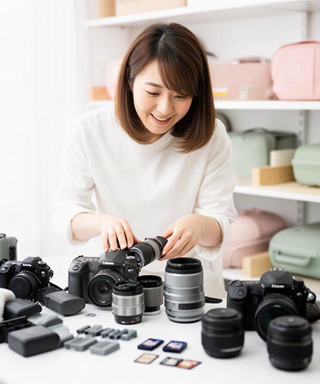明るいスタジオで機材を整えるアシスタント小谷美緒