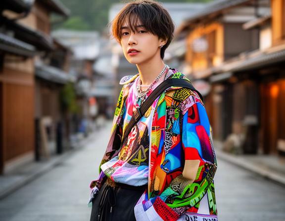 小田原の街並みを背景に個性的な服装で撮影するインフルエンサーの写真