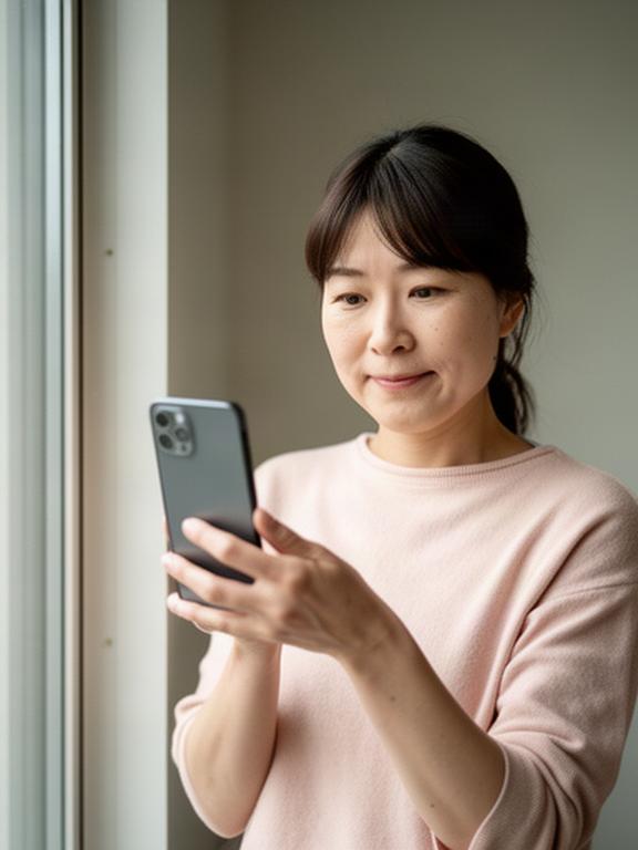 窓際でスマートフォンを持ち自然光を受けるプロフィール写真の撮影前イメージ