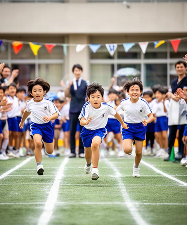 校庭の運動会で走る子どもたちと応援する観客席