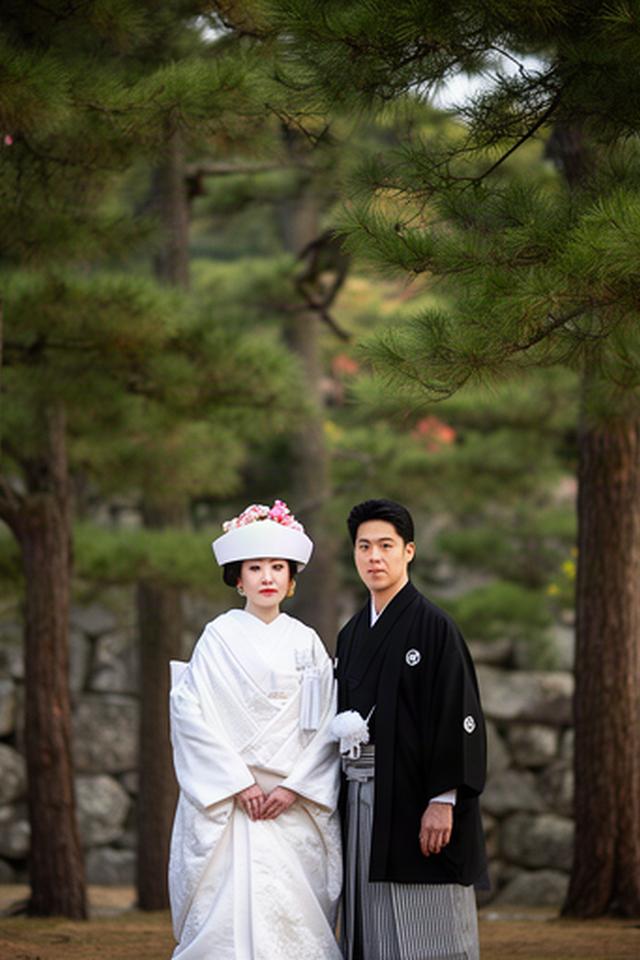 小田原城址公園の松林で撮影した白無垢の新婦と紋付袴の新郎